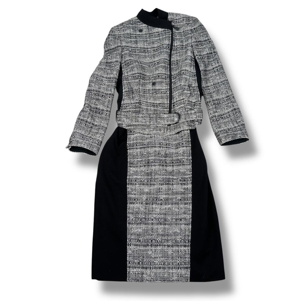 Akris Punto 3-Piece Tweed Dress Suit Asymmetrical Zip Jacket & Belt Women’s 6